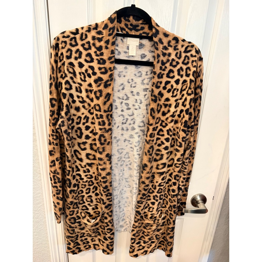 Chico's Cardigan Tan Leopard Print Open Front Long Sleeve Pocket Sweater Layer